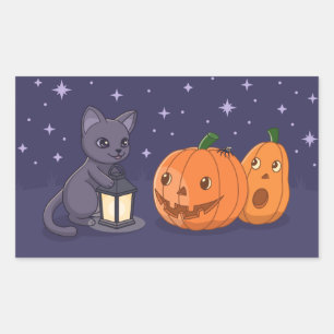 Adesivo Retangular Abóbora Lanterna Gato Preto Halloween Roxo