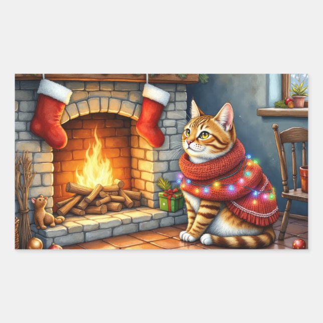 Adesivo Retangular Abyssinian Cat Sitting by Fireplace with Christmas (Frente)