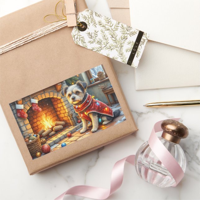 Adesivo Retangular Affenpinscher Sitting Fireplace Christmas Lights (Presentear)