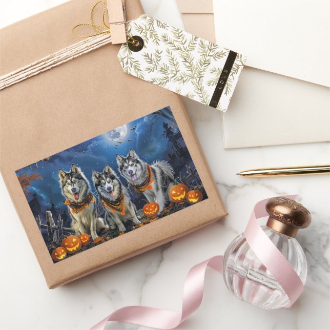 Adesivo Retangular Alaskan Malamute Halloween Assustador  (Presentear)