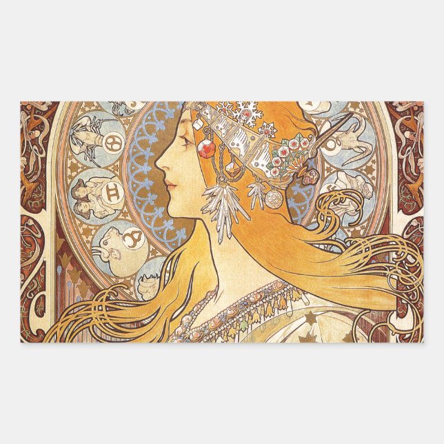 Adesivo Retangular Alfonse Mucha Zodiac Art Nouveau Mulher (Frente)