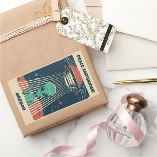 Adesivo Retangular Alienígena de OVNI de Texto Personalizado