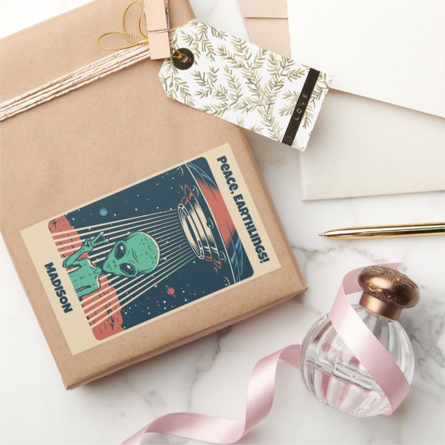 Adesivo Retangular Alienígena de OVNI de Texto Personalizado (Presentear)