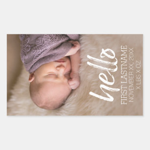 Adesivo Retangular Alô, carta branca escovada com foto de bebê