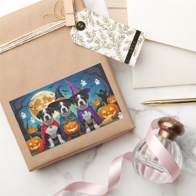 Adesivo Retangular Americano Staffordshire Dog Pumpkin Halloween Engr (Presentear)