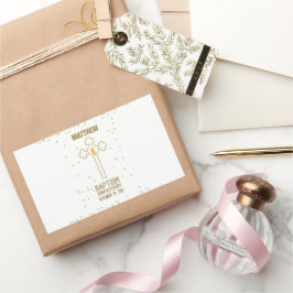 Adesivo Retangular Aniversário da Cruz Dourada Batismo Personalizada