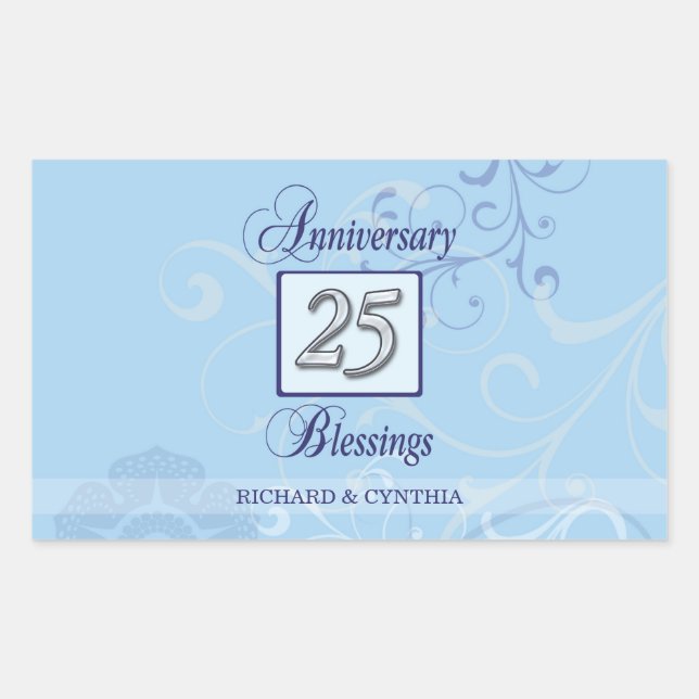 Adesivo Retangular Aniversário de 25 em Azul e Prata (Frente)