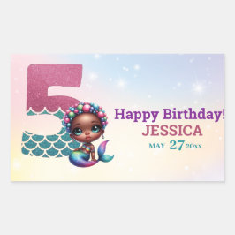Adesivo Retangular Aniversário do 5 de Sereia Afro-Americano