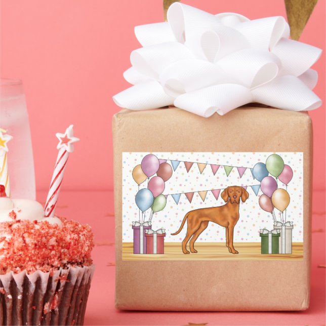 Adesivo Retangular Aniversário do Cão Vizsla Húngaro com Cores Pastel (Festa)