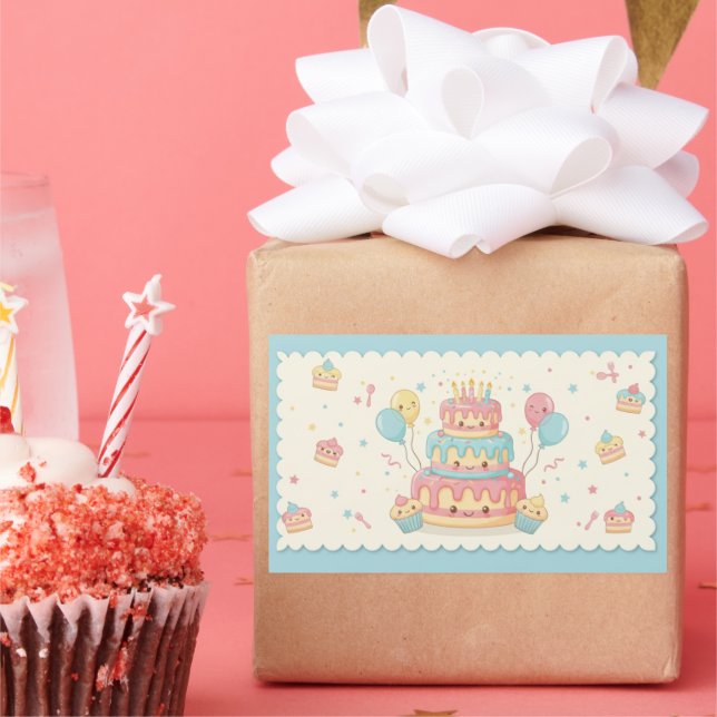 Adesivo Retangular Aniversário Kawaii - Bolo e Bolinhos Fofo (Festa)
