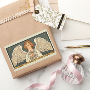 Adesivo Retangular Anjo Religioso Vintage Rezando com Estrelas Dourad
