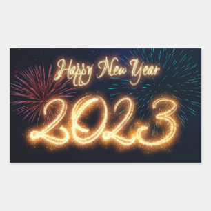 Adesivo Retangular Ano Novo 2023 com Fogos de Artifício Reluzentes