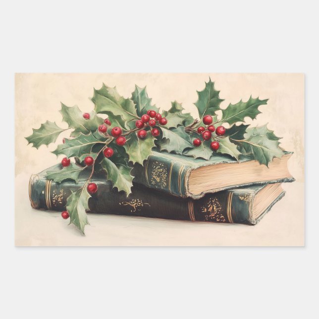 Adesivo Retangular ANTIQUE BOOKS WITH HOLLYBERRIES Vintage Christmas (Frente)