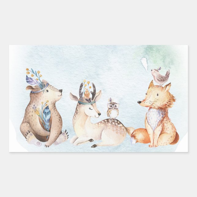 Adesivo Retangular Aquarela Boho Urso Churrasco Animais Baby Shower (Frente)