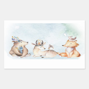 Adesivo Retangular Aquarela Boho Urso Churrasco Animais Baby Shower