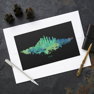 Adesivo Retangular Aquarela da Silhueta de Chicago Azul Verde Arte Ur