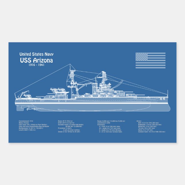 Adesivo Retangular ARIZONA USS - ABD de Planos de Impressão Blueprint (Frente)