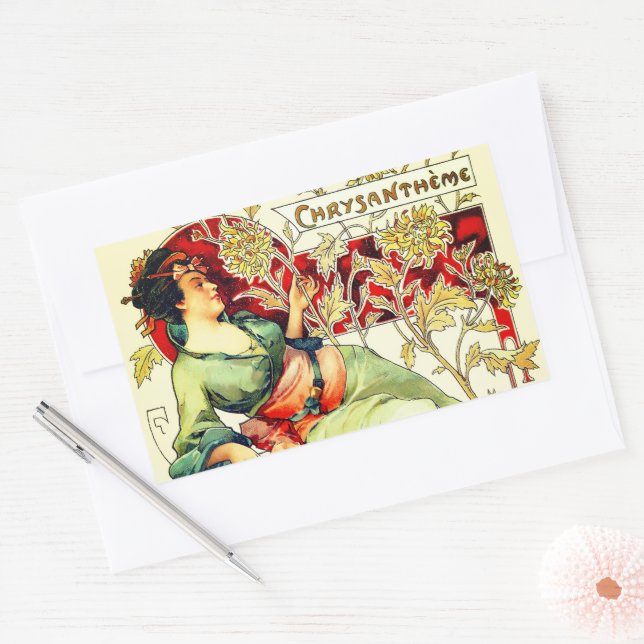Adesivo Retangular Art nouveau Alphonse Mucha Crisântemo outono  (Envelope)