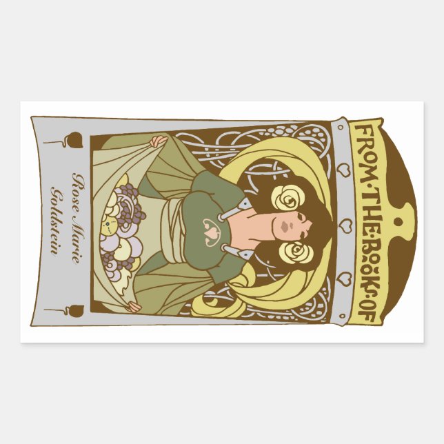 Adesivo Retangular Art Nouveau Ex Libris livrante, colorido à mão (Frente)