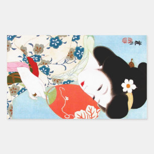 Adesivo Retangular Arte clássica japonesa oriental legal da senhora
