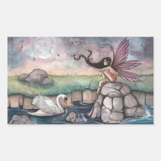 Adesivo Retangular Arte Fantasia de Fada Gótica e Cisne (Frente)