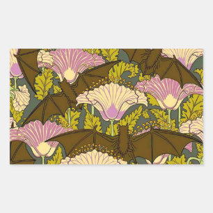 Adesivo Retangular Arte Vintage Art Nouveau Morcegos e Flores Hallowe