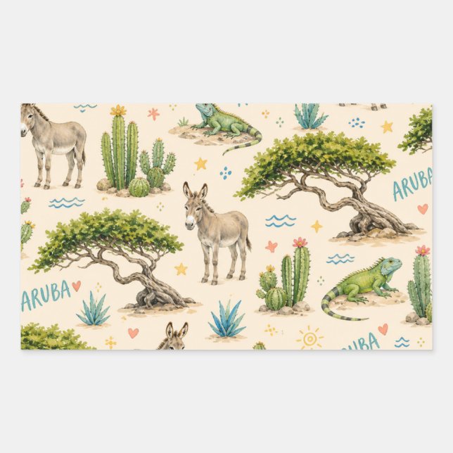 Adesivo Retangular Árvore divi de Aruba, burro, iguana, cacto (Frente)