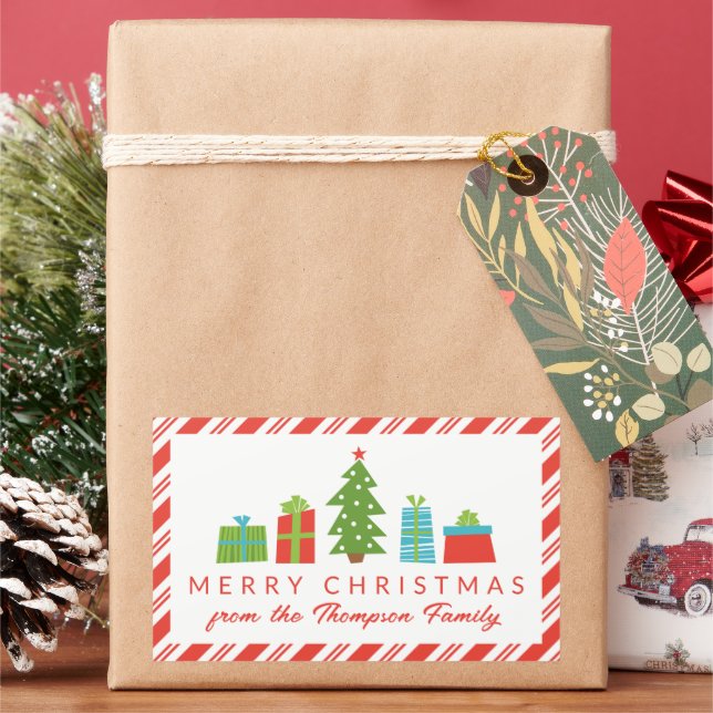 Adesivo Retangular Árvore Whimsical e presentes Feliz Natal De (Feriado)