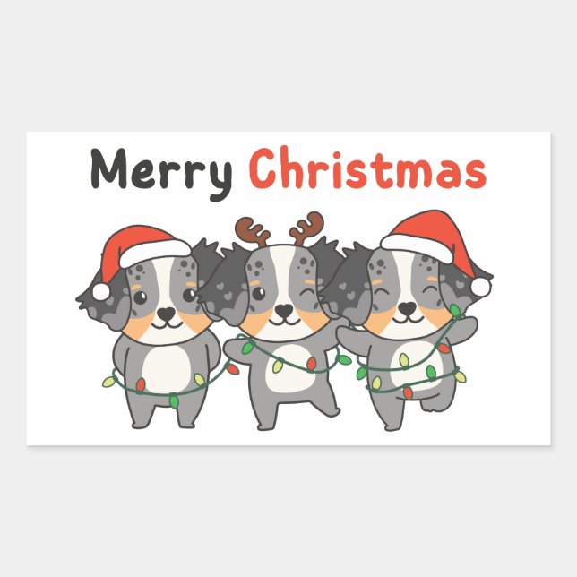 Adesivo Retangular Australian Shepherd Merry Christmas Cute Dogs (Frente)