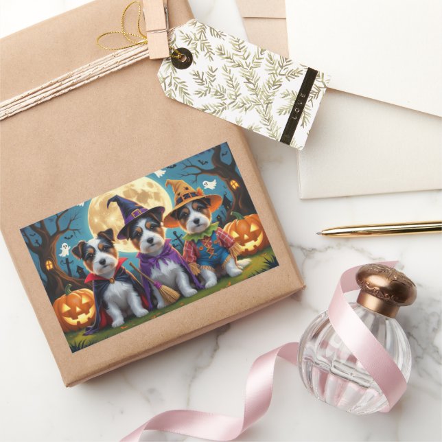 Adesivo Retangular Australiano Terrier Dogs Pumpkin Halloween Engraça (Presentear)