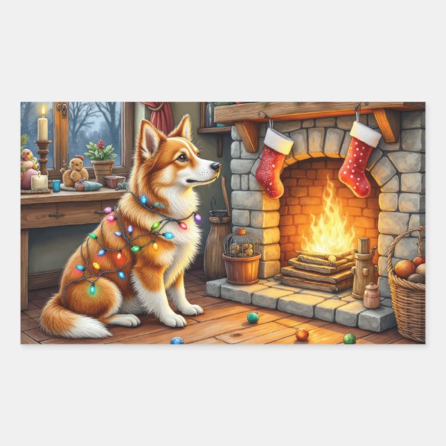 Adesivo Retangular Azawakh Sitting by Fireplace with Christmas Lights (Frente)