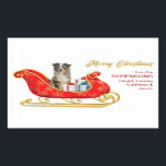 Adesivo Retangular Azul Merle australiano Shepherd Christmas Sleigh<br><div class="desc">Nestes adesivos decorativos de Férias, um Cachorro Australiano de Pastor azul, fica sentado num bonito trenó decorativo vermelho e dourado. Ao lado do cão, os pacotes de presentes são amarrados com arcos coloridos. O texto dourado à direita diz "MERRY CHRISTMAS" e o texto personalizado está vermelho. Perfeito para sua correspondência...</div>
