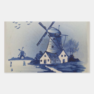 Adesivo Retangular Azul Vintage Delft Moinho de Vento Branco