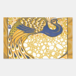 Adesivo Retangular Azul Vintage e Plumas de Pavão Dourado Art Nouveau