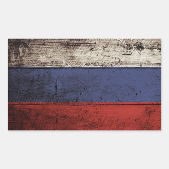 Adesivo Retangular Bandeira russa no Velho Grão de Madeira (Frente)