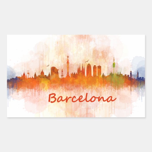 Adesivo Retangular Barcelona Skyline watercolor v04 (Frente)