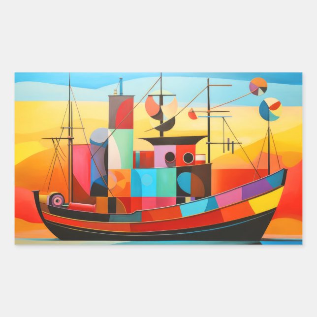 Adesivo Retangular Barco de Pesca Conceito de paisagem Abstrato (Frente)