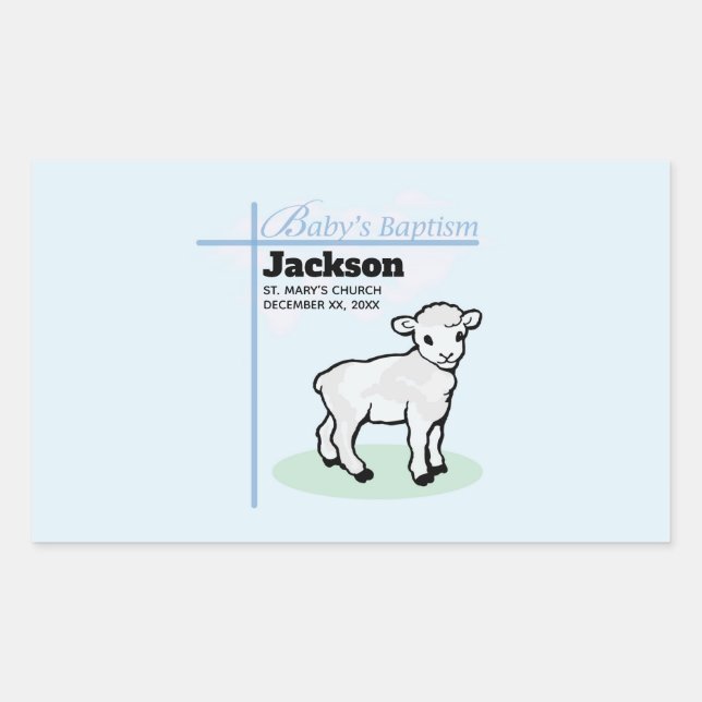 Adesivo Retangular Batismo Blue Boy Lamb, Personalizável (Frente)