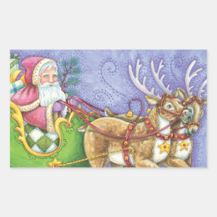 Adesivo Retangular Bela caricatura Natal Papai Noel Sleigh Reindeer