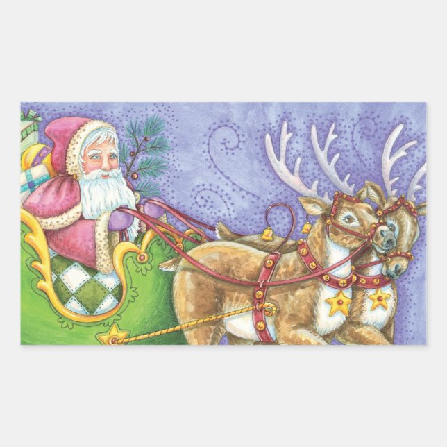 Adesivo Retangular Bela Cartoon Natal Papai Noel Sleigh Reindeer (Frente)