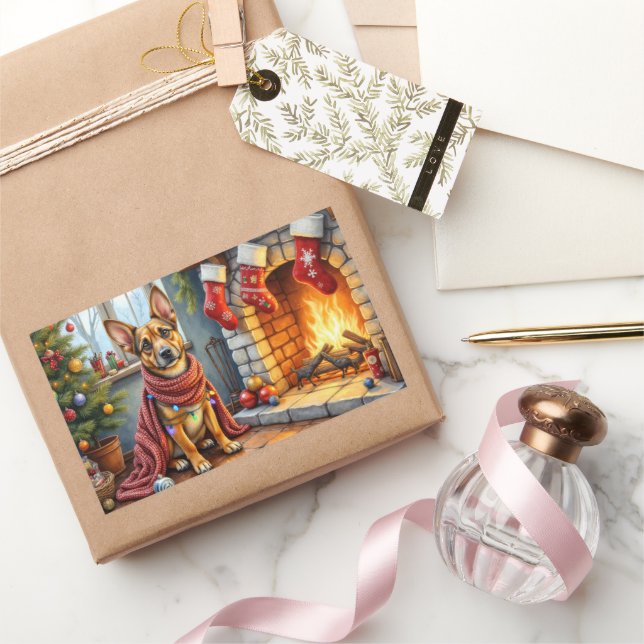 Adesivo Retangular Belgian Malinois Fireplace with Christmas Lights (Presentear)