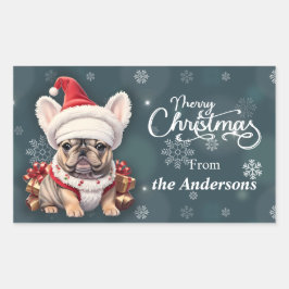 Adesivo Retangular Belo Bulldog Francês Santa Hat Feliz Natal