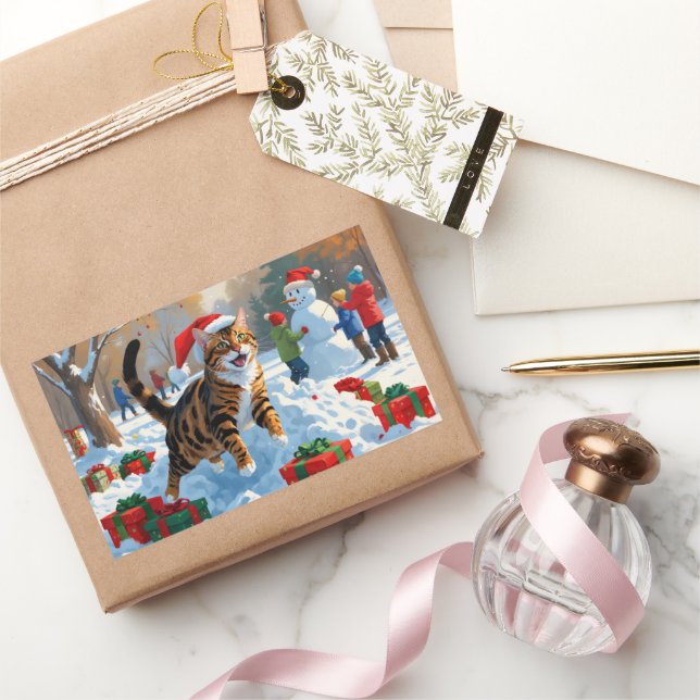 Adesivo Retangular Bengala Cat Natal Cena de Neve Festiva (Presentear)