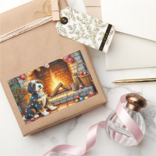 Adesivo Retangular Bernedoodle Lareira com Luzes de Natal