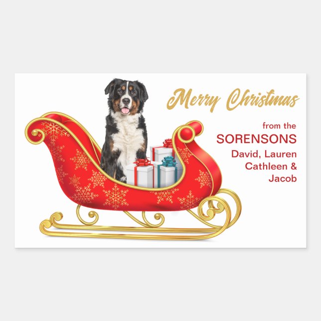 Adesivo Retangular Bernese Mountain Dog Christmas Sleigh (Frente)