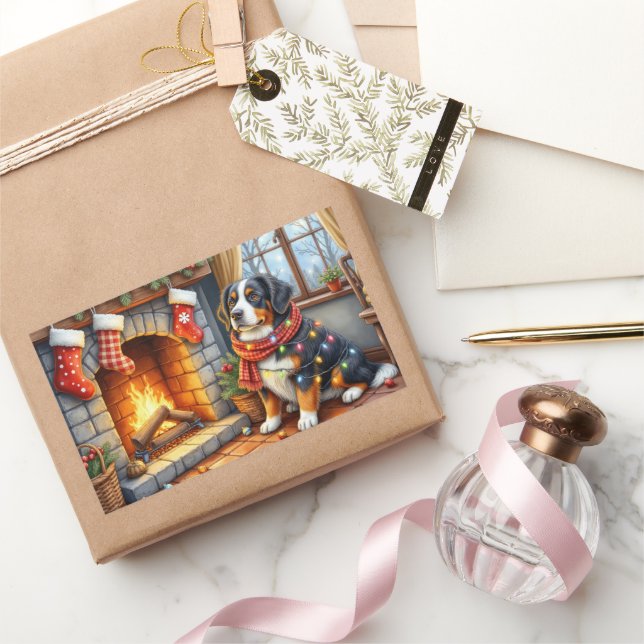 Adesivo Retangular Bernese Mountain Fireplace with Christmas Lights (Presentear)