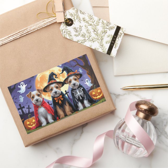 Adesivo Retangular Biewer Terrier Dogs Pumpkin Halloween Engraçado (Presentear)