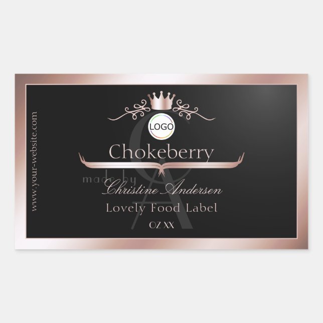 Adesivo Retangular Black Product Label Rose Gold Frame Logo Monogram (Frente)