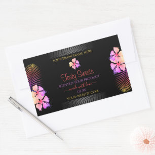 Adesivo Retangular Black Product Labels Colorful Hawaiian Flowers
