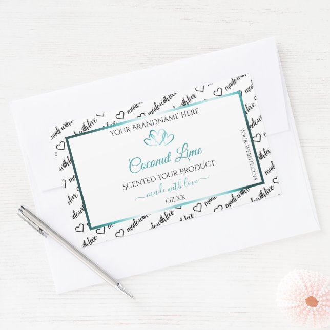 Adesivo Retangular Black White Word Cloud Product Labels Teal Hearts (Envelope)